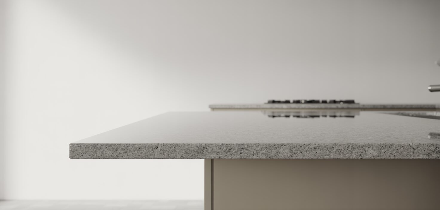 Fotorealistisk bild av en minimalistisk köksbänk i ljus grå granit med rak kantprofil.