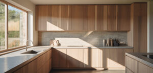 Fotorealistiskt foto av ett hållbart kök med FSC-certifierade träskåp och bänkskiva i sten. Minimalistisk design, rent och ljust.