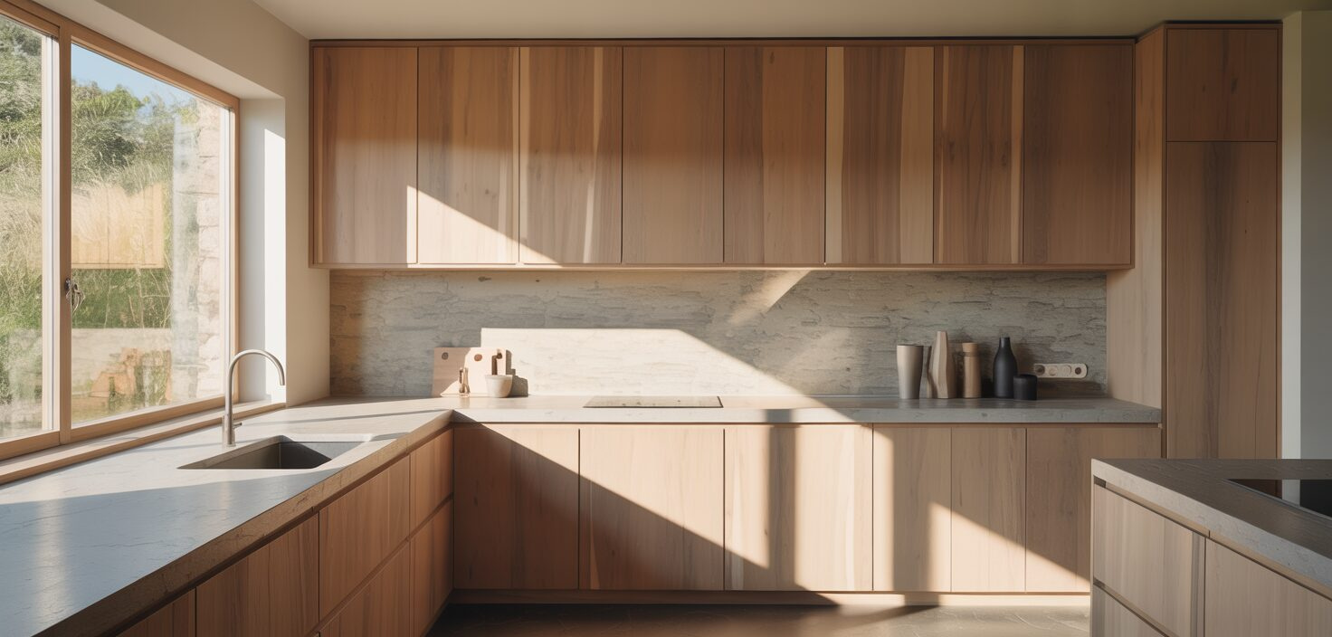 Fotorealistiskt foto av ett hållbart kök med FSC-certifierade träskåp och bänkskiva i sten. Minimalistisk design, rent och ljust.