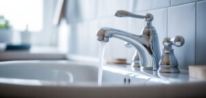 Närbild av en blank kromkran och handfat med reflexer, rent och minimalistiskt.