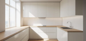 L-kök i en modern skandinavisk lägenhet. Vita skåp, träbänkskiva, rostfri diskho.