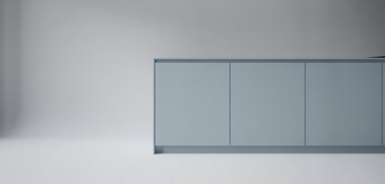 Fotorealistiskt foto av en målad kökslucka i ljusgrått mot en vit vägg. Ultra-minimalistisk design.