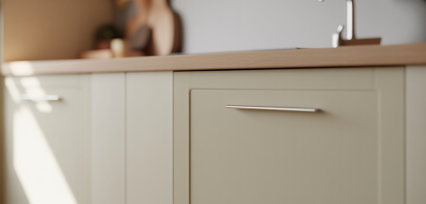 Fotorealistisk bild av en minimalistisk kökslucka i vitt med handtag i metall.