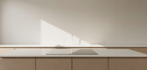 Fotorealistiskt foto av en minimalistisk köksbänk i vitt med en diskho.