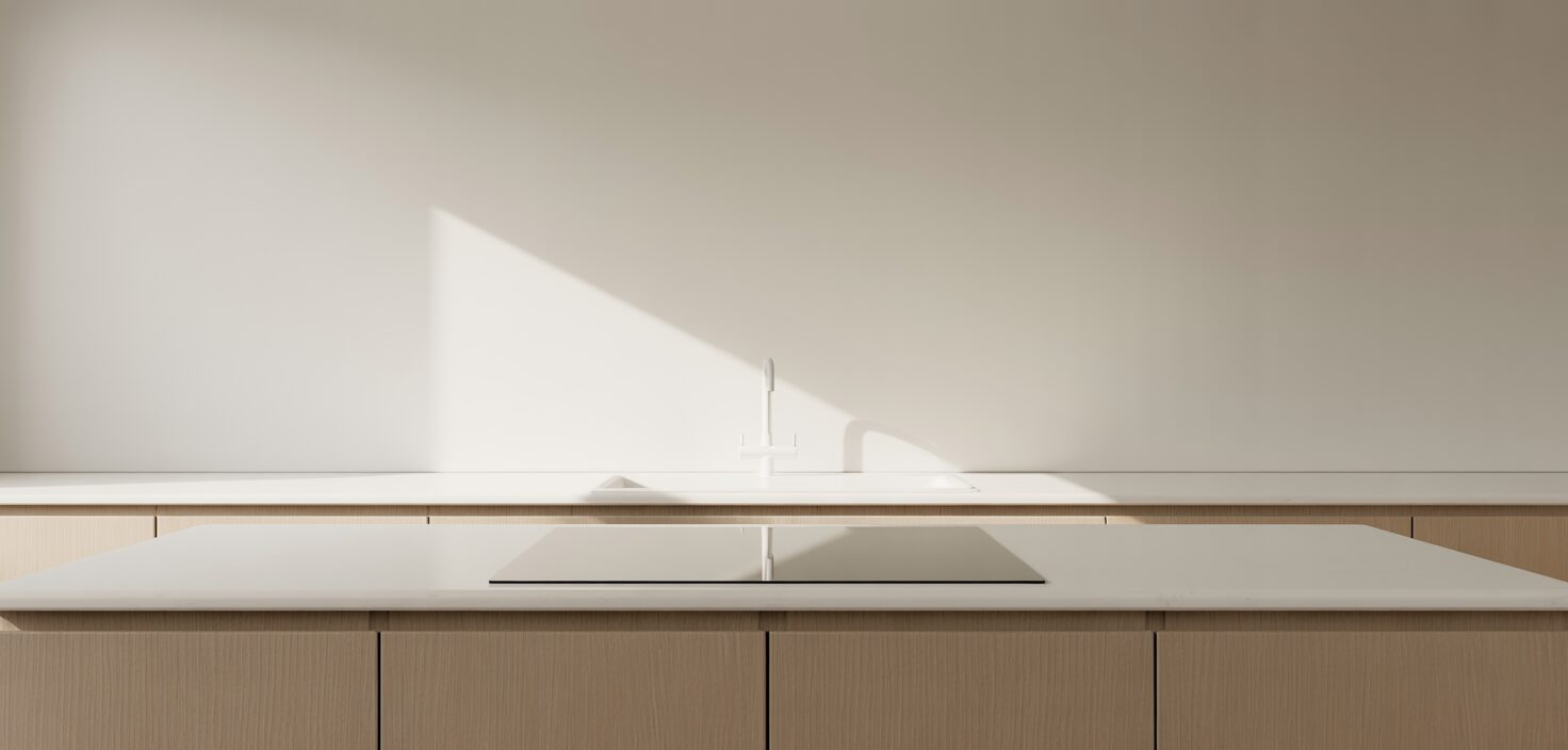 Fotorealistiskt foto av en minimalistisk köksbänk i vitt med en diskho.