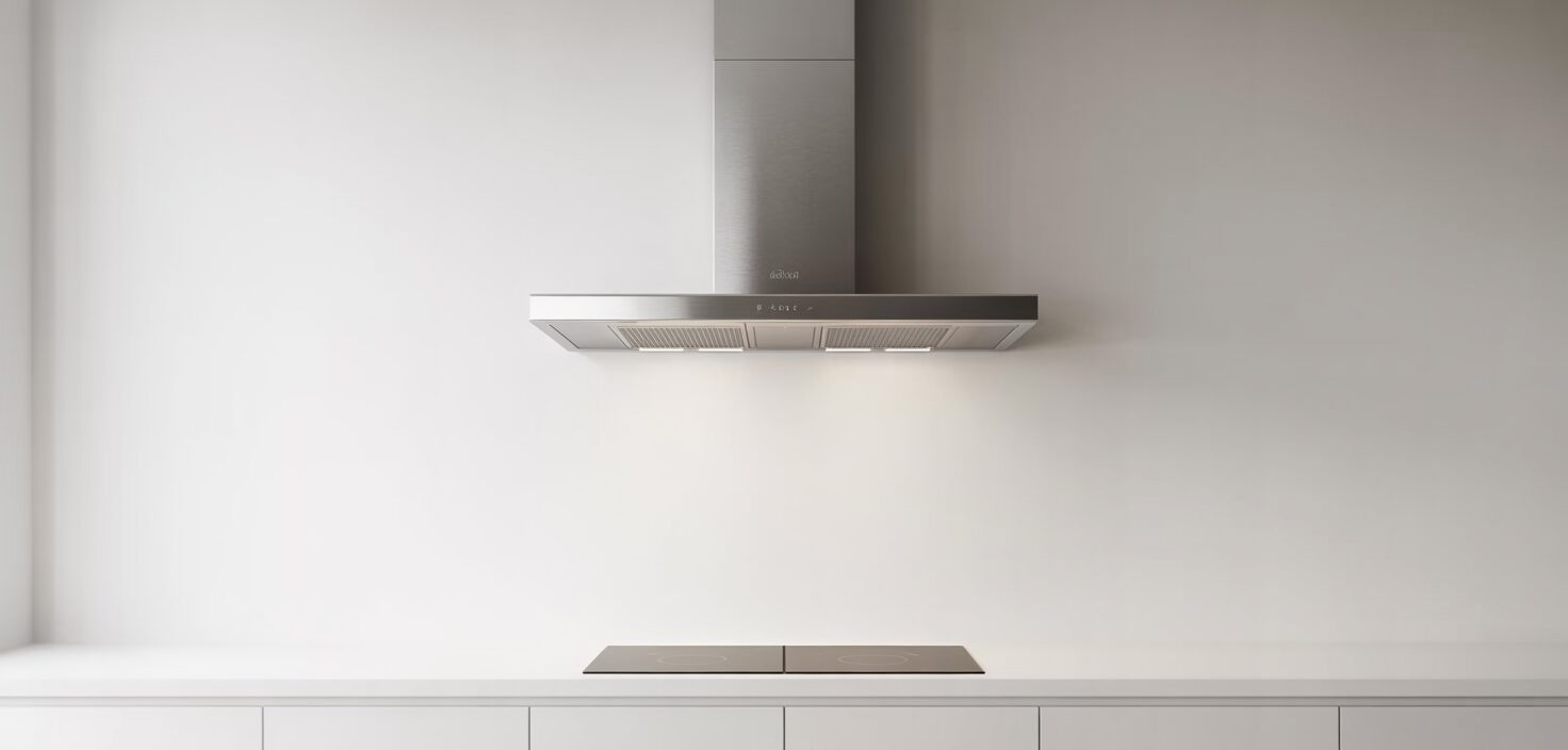 En fotorealistisk bild av en minimalistisk köksfläkt i rostfritt stål, integrerad i ett rent, modernt kök.