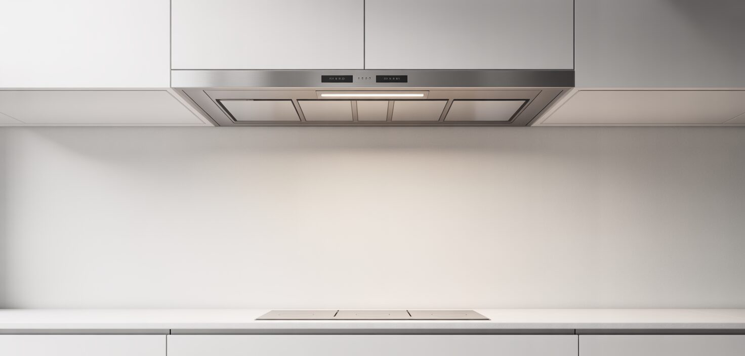 Fotorealistisk bild av en minimalistisk köksfläkt i rostfritt stål ovanför en induktionshäll.