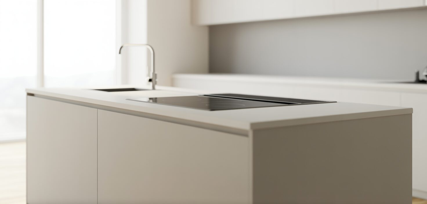 Fotorealistisk bild av minimalistisk köksö i vitt med integrerad häll.