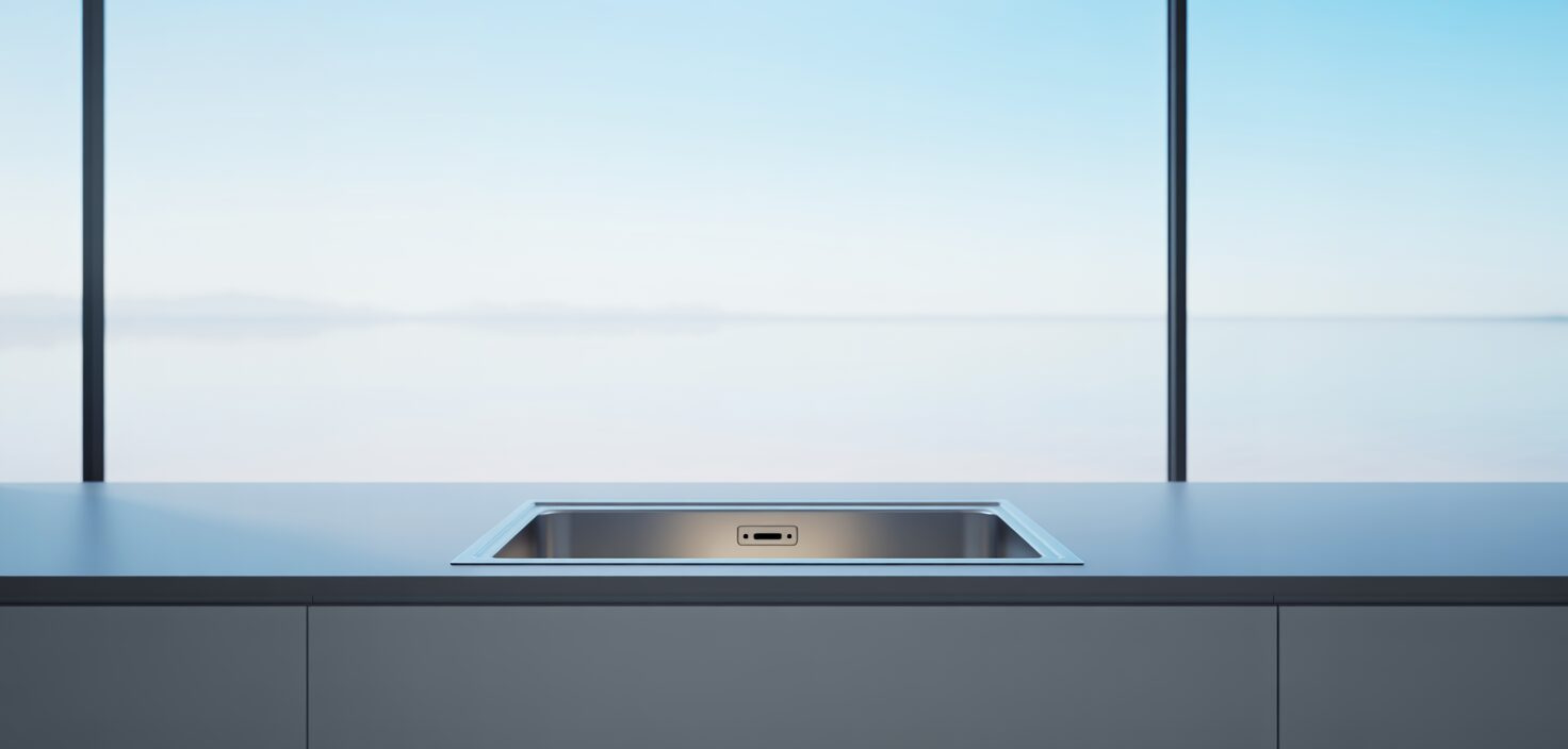 Minimalist kök med diskbänk och bänkskiva i ljusa färger.