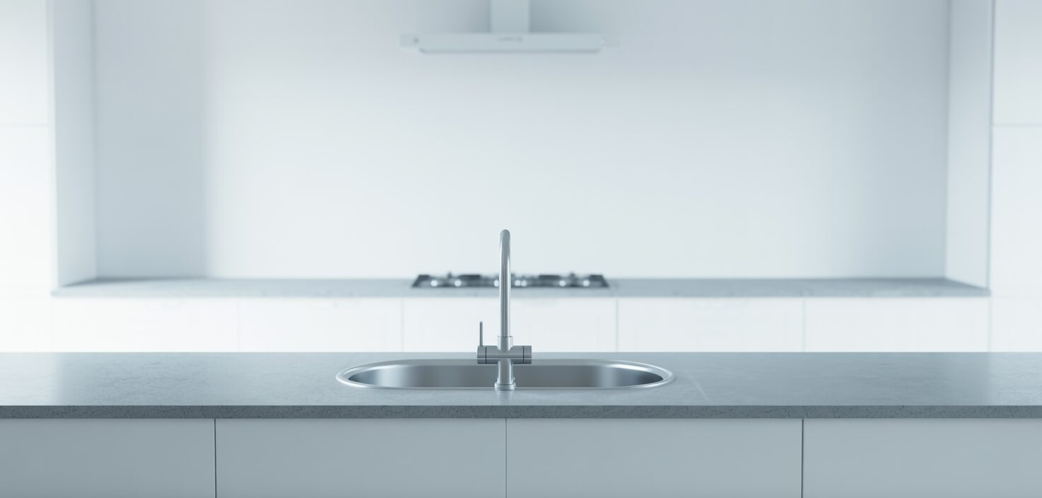 Minimalistiskt kök med diskho i rostfritt stål, rent och modernt.