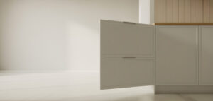 Fotorealistiskt foto av minimalistiskt kök, fokus på öppen kökslucka.