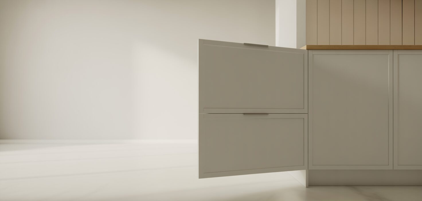 Fotorealistiskt foto av minimalistiskt kök, fokus på öppen kökslucka.