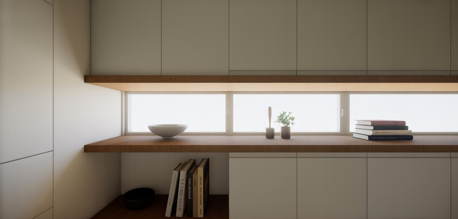 Öppna hyllor i ett minimalistiskt kök med trädetaljer.