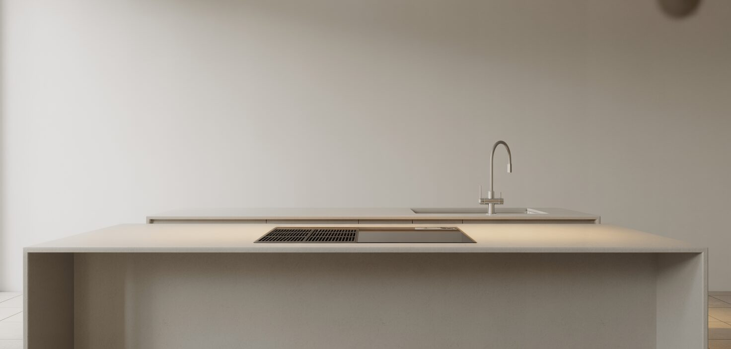 Modernt minimalistiskt kök med köksö i vitt.