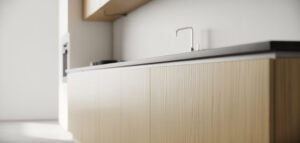 Fotorealistiskt fotografi av en minimalistisk kökslucka i vitt.