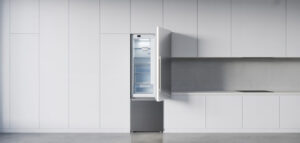 Fotorealistiskt foto av modernt minimalistiskt kök med öppen kyl.