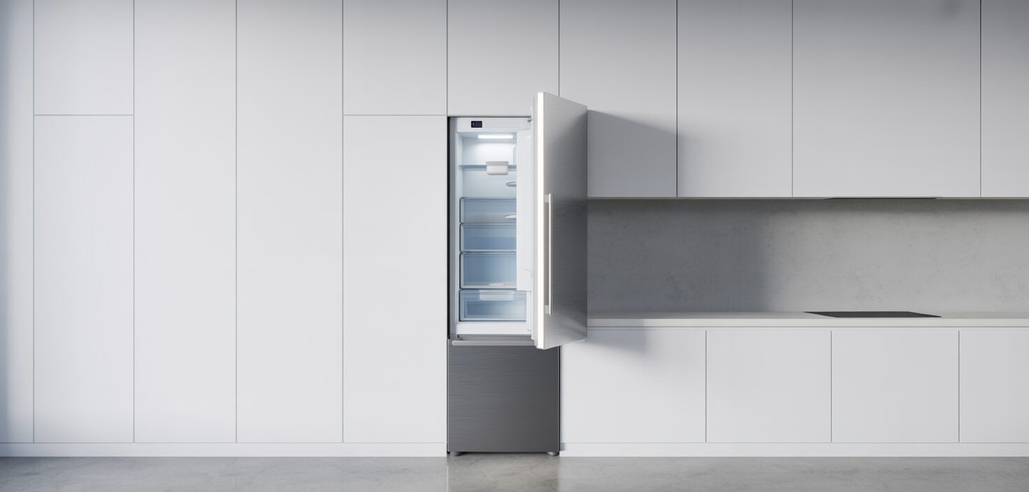 Fotorealistiskt foto av modernt minimalistiskt kök med öppen kyl.