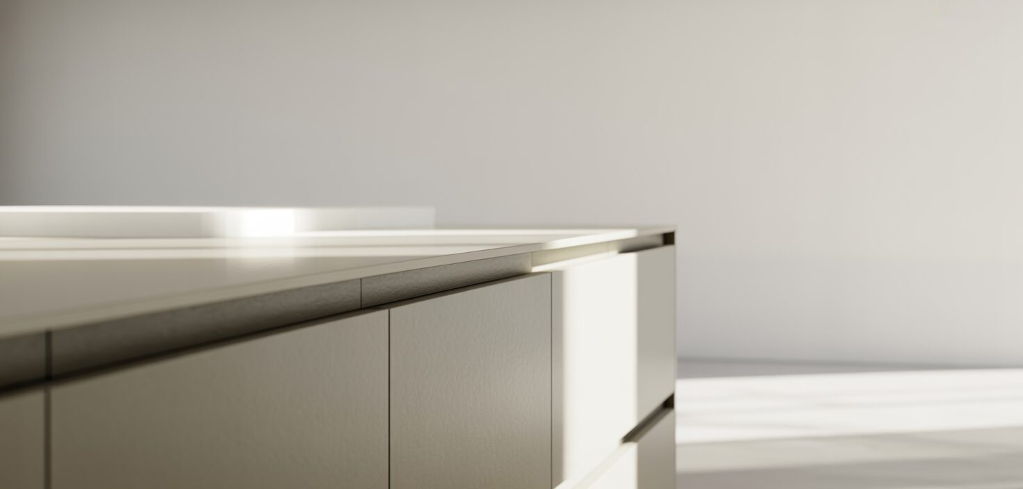 Modernt kök med minimalistisk design. En vit kökslucka är delvis öppen och visar insidan. Bakgrunden är helt vit.