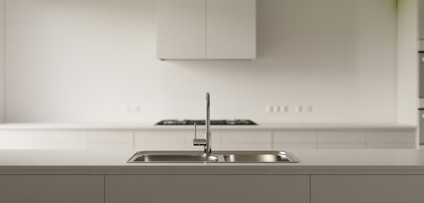 Modernt minimalistiskt kök med diskho och kran i rostfritt stål.