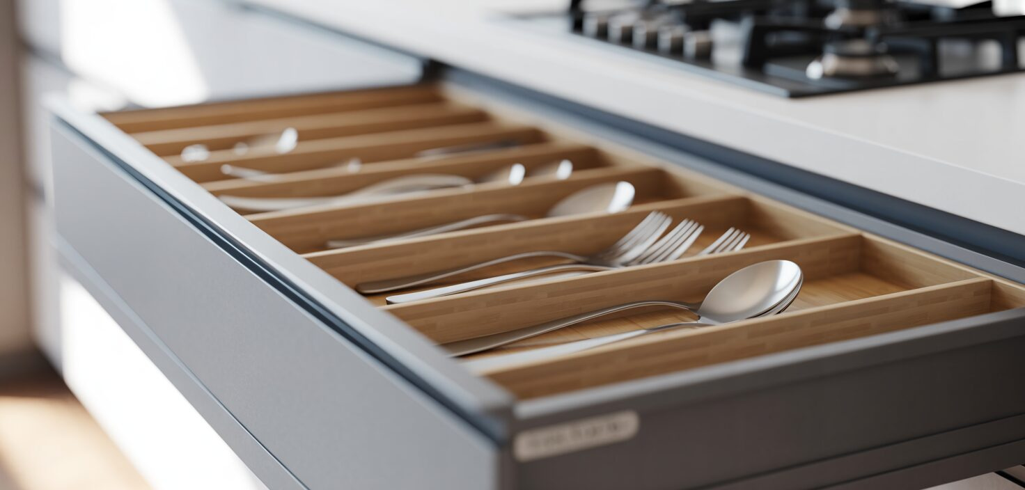 Fotorealistiskt foto av en välorganiserad kökslåda med bestick.
