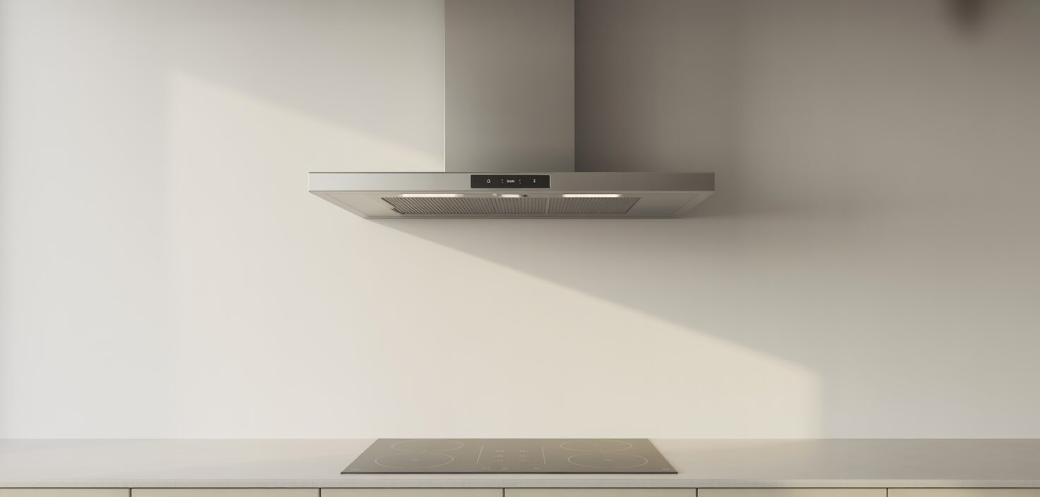 Köksfläkt i ett modernt, minimalistiskt kök, fotograferat i naturligt ljus.