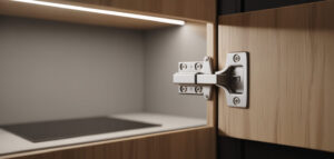 Närbild av ett rostfritt soft close gångjärn monterat på en kökslucka i ek.