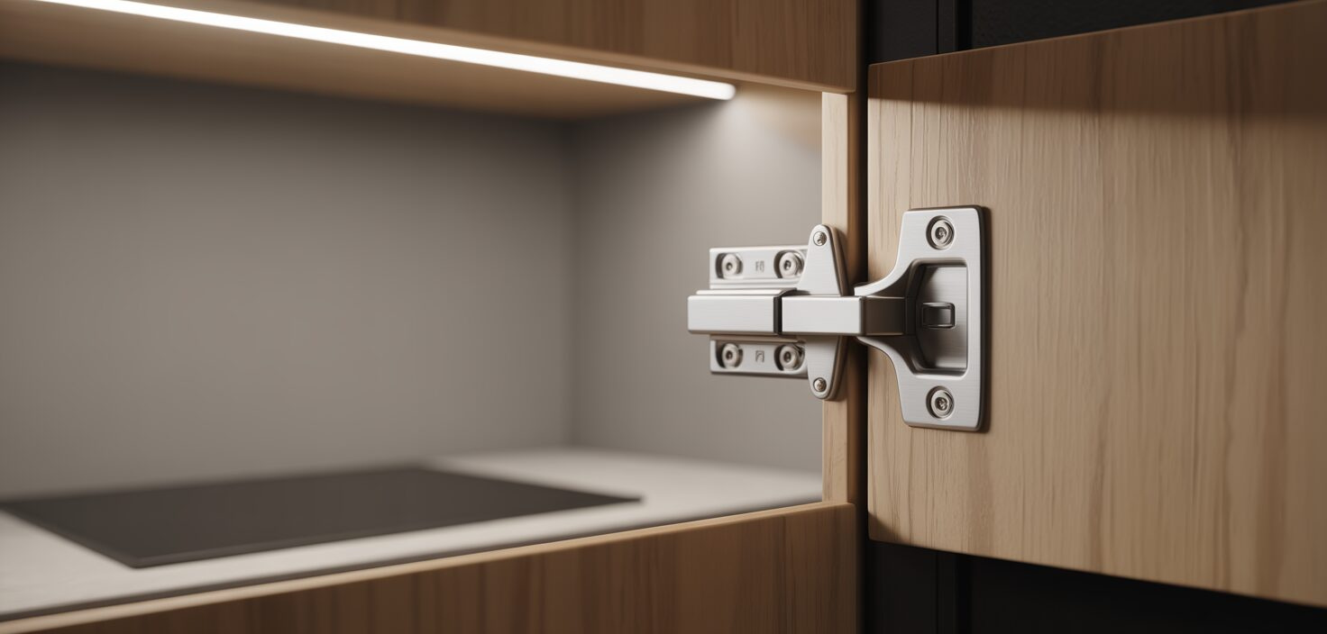 Närbild av ett rostfritt soft close gångjärn monterat på en kökslucka i ek.