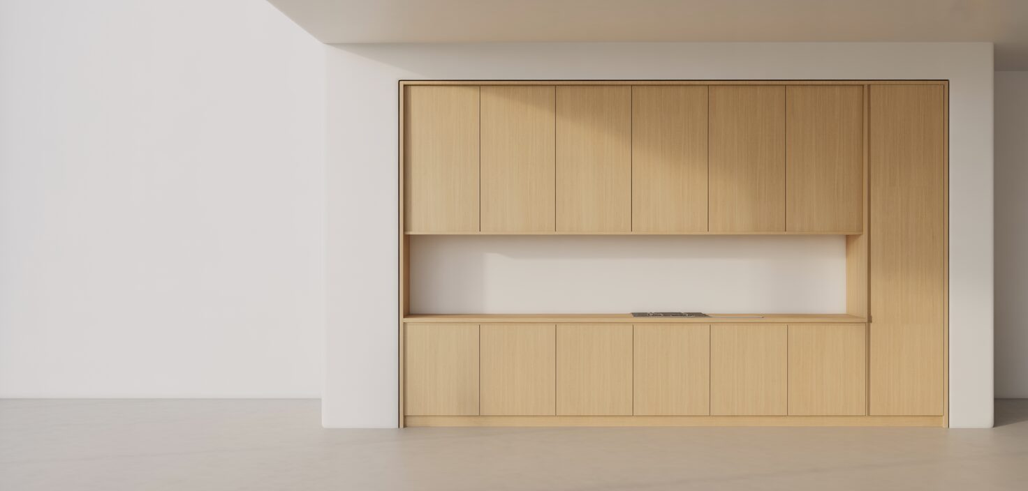 Fotorealistisk bild av ett specialbyggt köksskåp i ljust trä mot en vit vägg. Skåpet är en del av den minimalistiska designen.