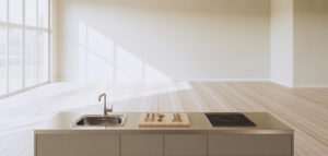 Fotorealistiskt foto av minimalistiskt temporärt kök i vardagsrum med diskho, kokplatta och redskap.