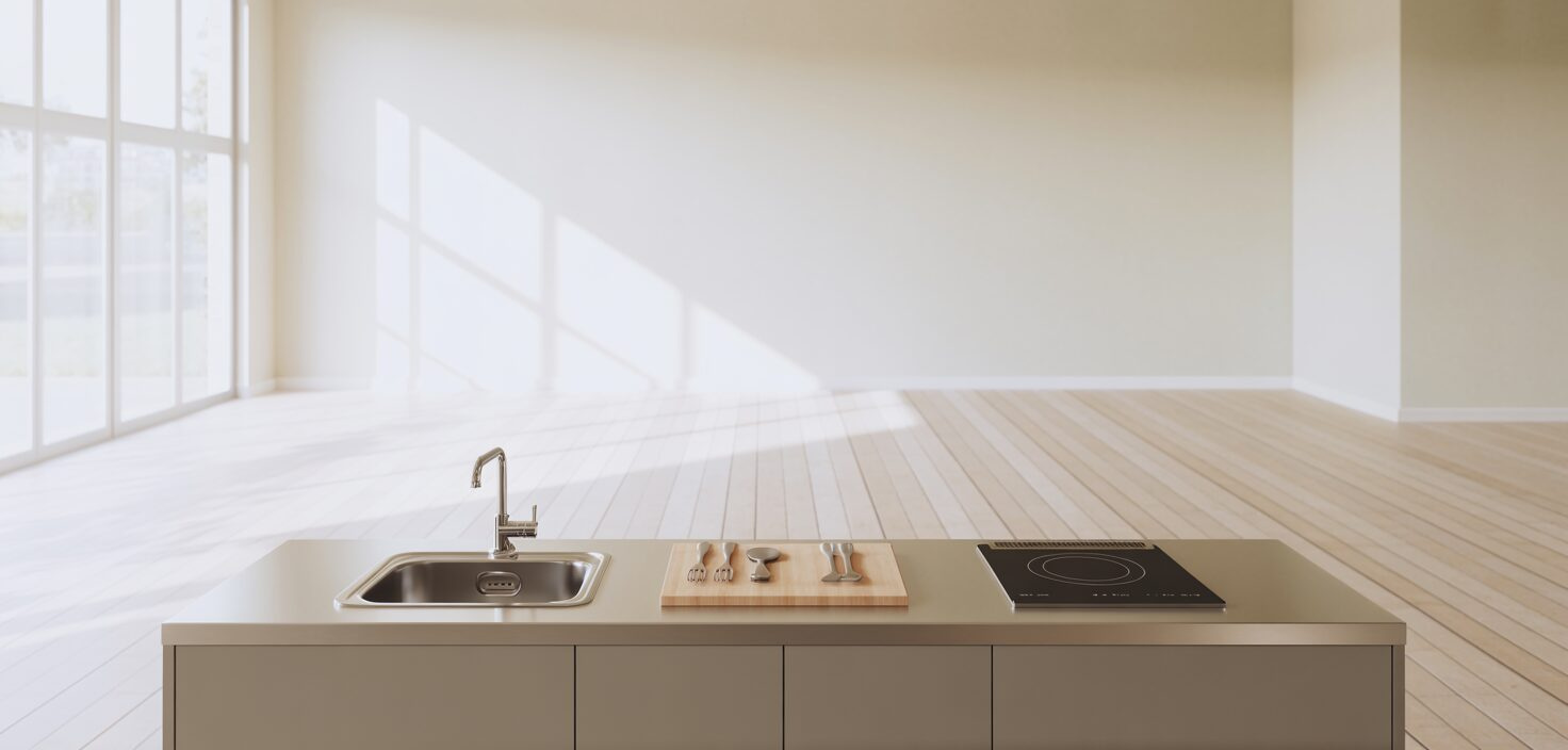 Fotorealistiskt foto av minimalistiskt temporärt kök i vardagsrum med diskho, kokplatta och redskap.